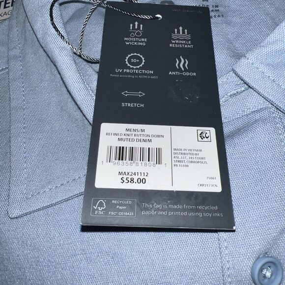 Men's VRST Refined Knit Short Sleeve Button Down Collared Shirt Muted Denim Med - Picture 4 of 5